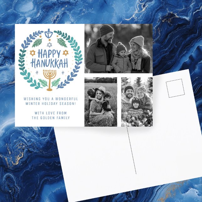 Carte Postale Joyeux Hanoukka CUSTOM 3 PHOTOS FÊTE À LA Main (Happy Hanukkah Hand-Drawn CUSTOM 3 PHOTOS Holiday Postcard
)