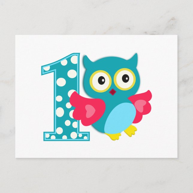 Carte Postale Joyeux hibou pour le premier anniversaire (Devant)