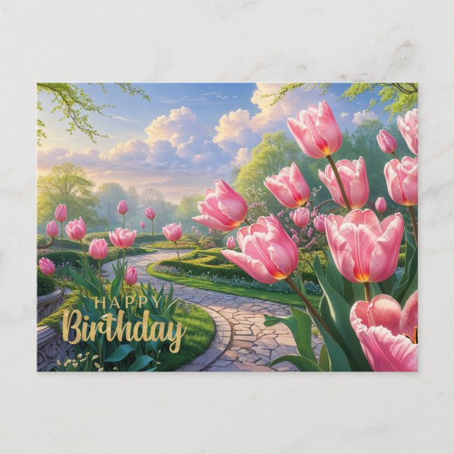 Carte Postale Joyeux Jardin de Tulipe rose d'anniversaire au pri (Devant)
