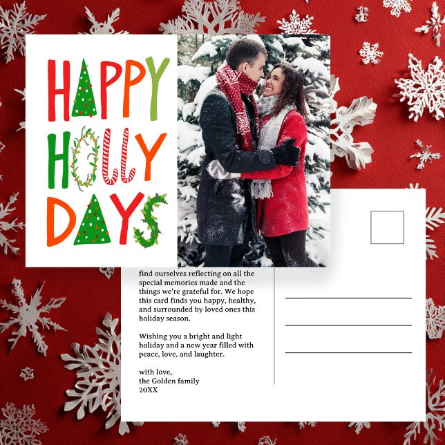 Carte Postale JOYEUX JOURS SAINTS Fêtes Noël PERSONNALISÉ (HAPPY HOLLY DAYS Hand-drawn Cute Holiday Xmas Christmas CUSTOM Photo Postcard
)