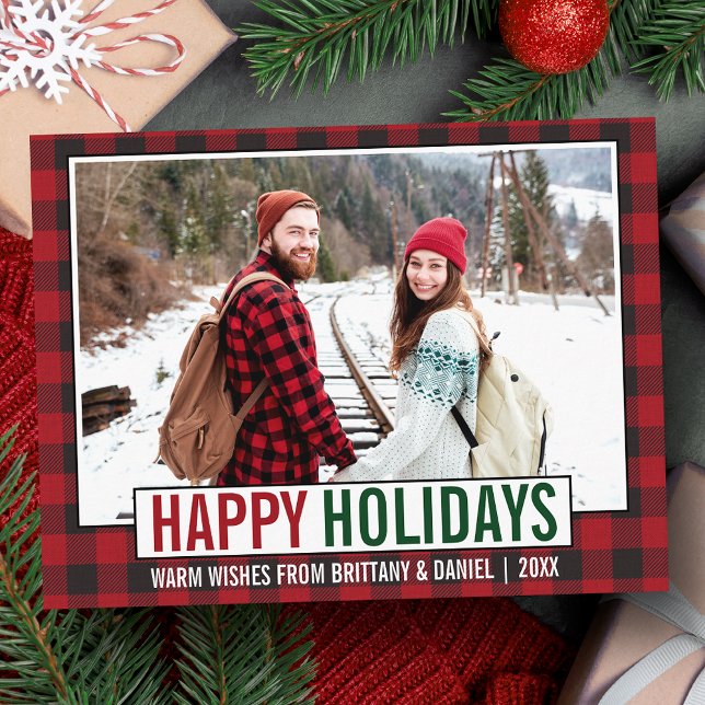 Carte Postale Joyeux Joyeux Vacances Moderne Photo Rouge Plaid (Customize to change your personalized text size or text style.)