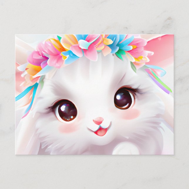 Carte Postale Joyeux lapin bébé avec fleurs et arc-en-ciel (Devant)