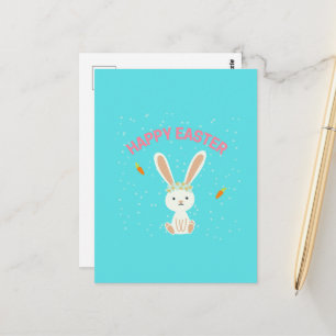 Carte Postale Joyeux lapin blanc de Pâques sur bleu