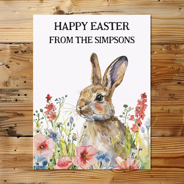 Carte Postale Joyeux lapin d'aquarelle de Pâques en Fleurs Famil (Créateur téléchargé)