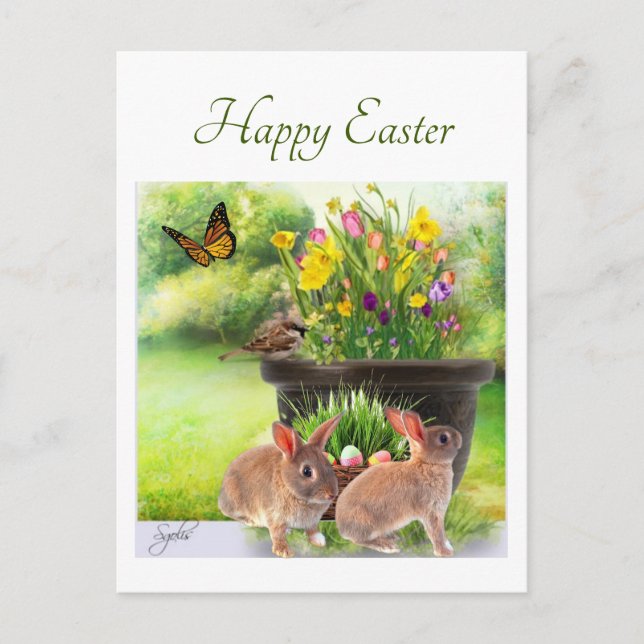 Carte postale Joyeux lapin de Pâques et fleurs de  (Devant)