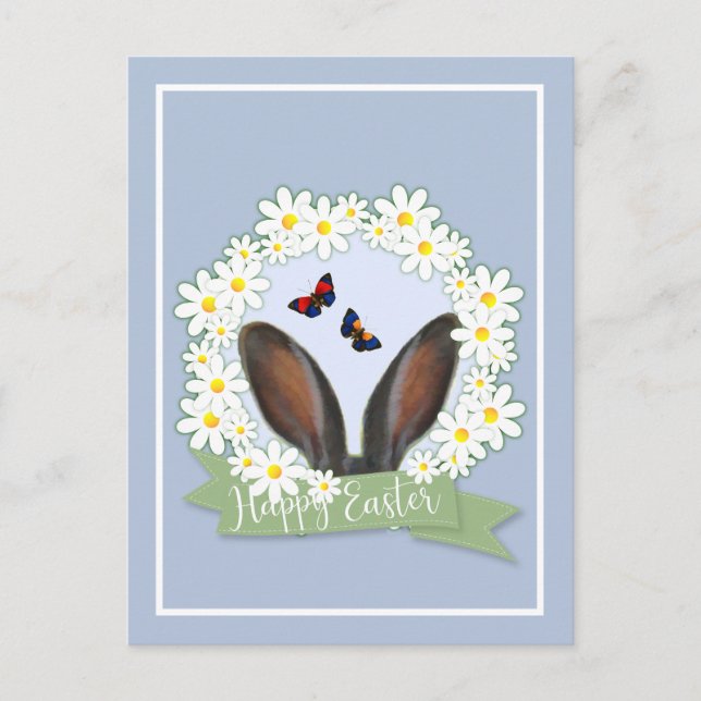 Carte Postale Joyeux Lapin de Pâques Oreilles Marguerites Wreath (Devant)