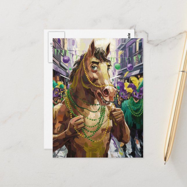 Carte Postale Joyeux Mardi Gras Cheval Brown (Devant/Arrière en situation)
