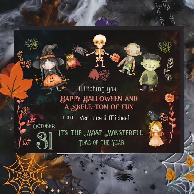 Carte Postale Joyeux monstres mignons d'Halloween (Happy Halloween Cute Monsters Postcard)