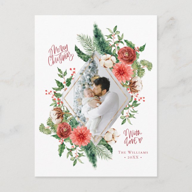 Carte Postale Joyeux Noël aquarelle Floral Photo Holiday (Devant)