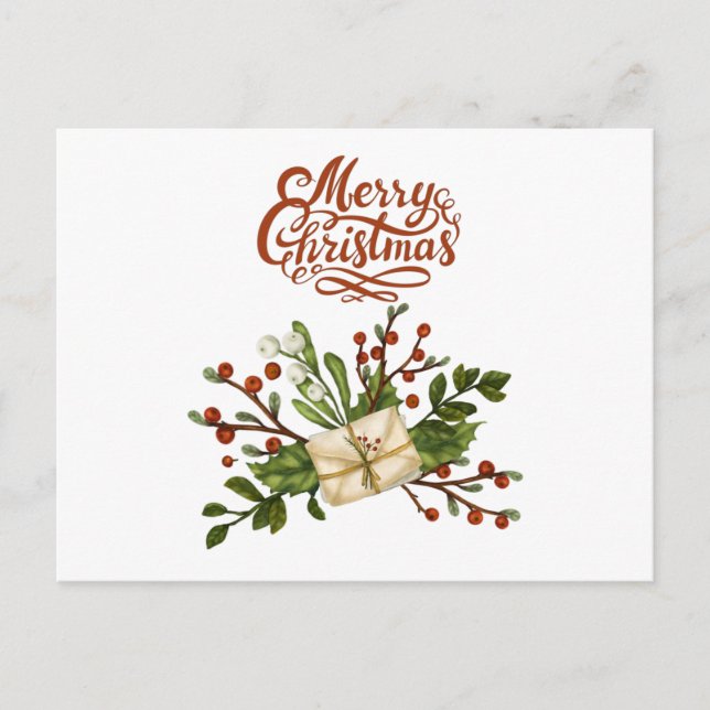 Carte Postale Joyeux Noël aquarelle Holly Berry et lettres (Devant)