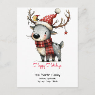 Carte Postale Joyeux Noël avec un renne mignon avec un chapeau d