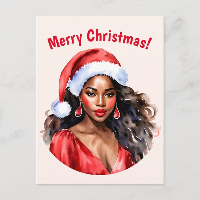 Carte Postale Joyeux Noël Black Woman Santa Hat (Devant)