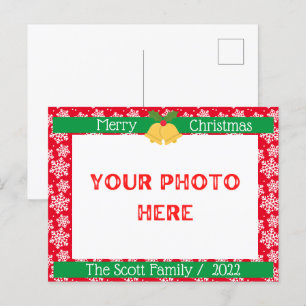 Carte Postale Joyeux Noël Blanc neige Famille Photo Rouge