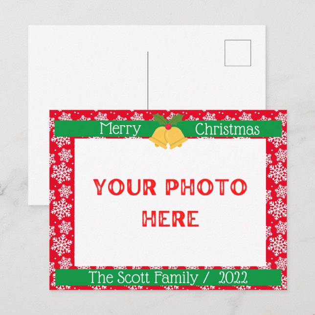 Carte Postale Joyeux Noël Blanc neige Famille Photo Rouge (Devant / Derrière)