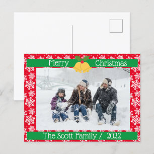 Carte Postale Joyeux Noël Blanc neige Famille Photo Rouge