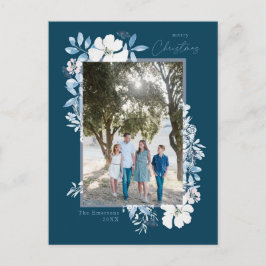 Carte Postale Joyeux Noël bleu aquarelle Fleur Cadre foncé