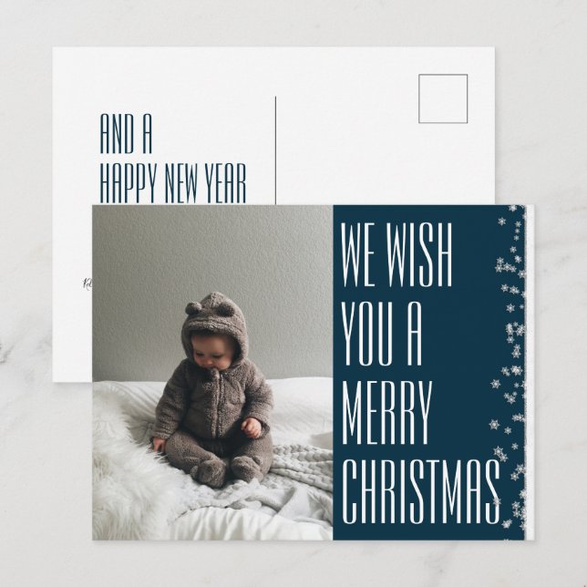 Carte postale Joyeux Noël bleu Photo Holiday (Devant / Derrière)