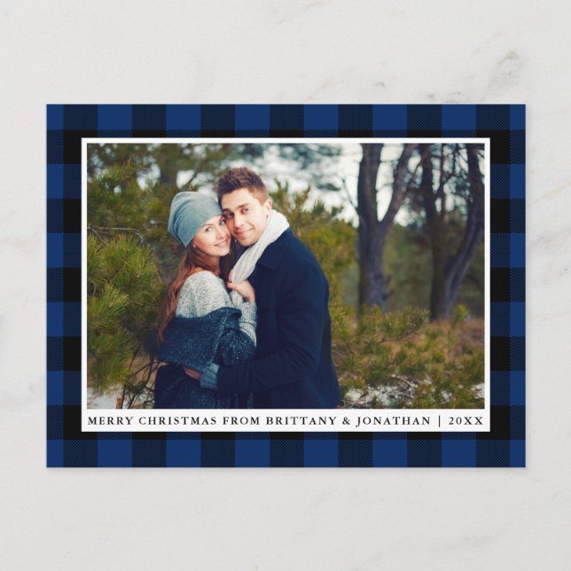 Carte Postale Joyeux Noël bleu Plaid Couple Photo (Devant)
