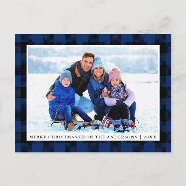 Carte Postale Joyeux Noël bleu Plaid Photo de famille (Devant)