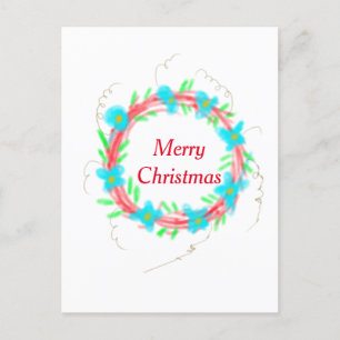 Carte Postale Joyeux Noël bleu rouge guirlande aquarelle vacance