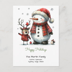 Carte Postale Joyeux Noël bonhomme de neige et renne