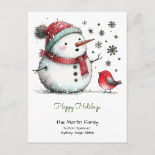 Carte Postale Joyeux Noël Bonhomme de neige mignon et oiseau rou