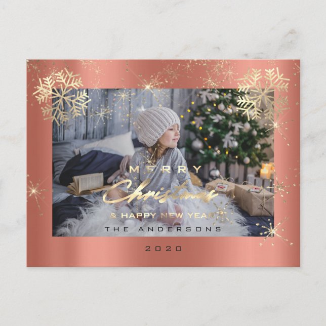 Carte Postale Joyeux Noël Bonne année Gold neige Rose photo (Devant)