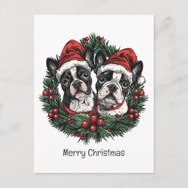 Carte Postale Joyeux Noël Boston Terrier Chiens de vacances Wrea (Devant)