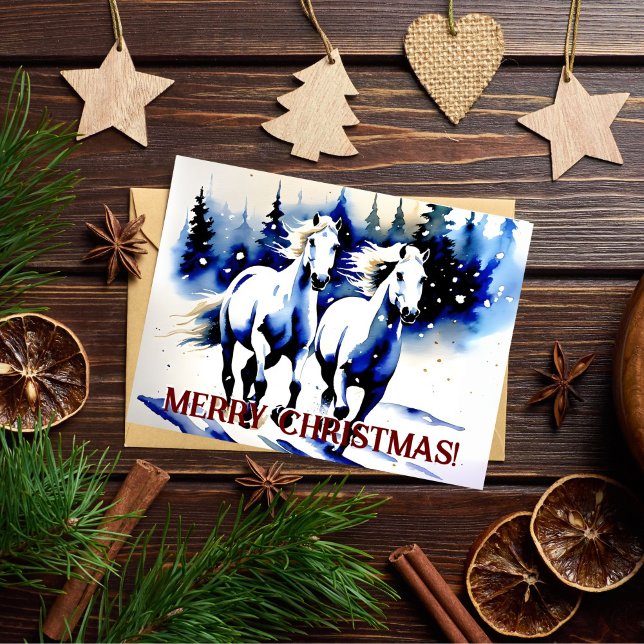 Carte Postale Joyeux Noël chevaux blancs aquarelle salutations (Merry Christmas watercolor white horses running in snowy forest greetings postcard for horse lovers)