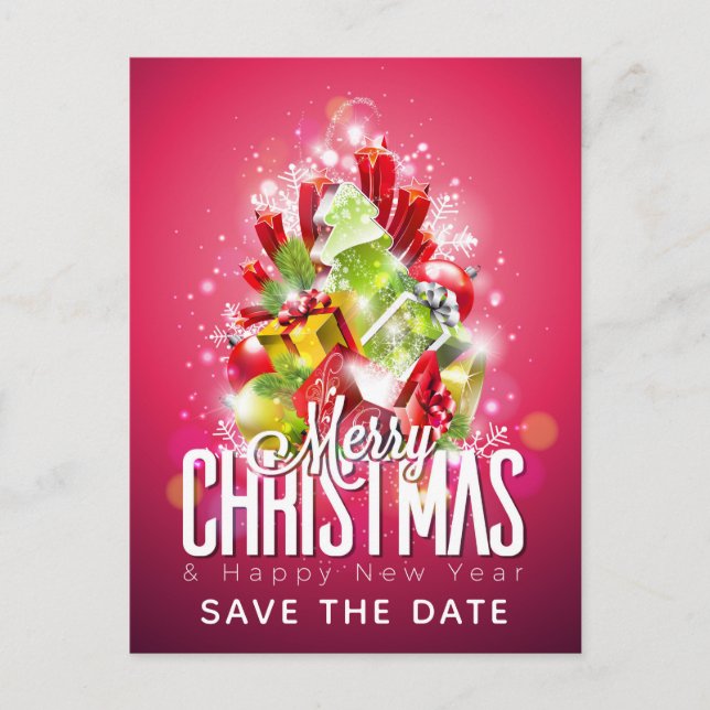 Carte Postale Joyeux Noël enveloppé Présents Enregistrer la date (Devant)