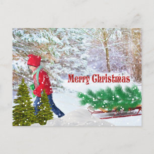 Carte Postale Joyeux Noël garçon avec motoneige vacances