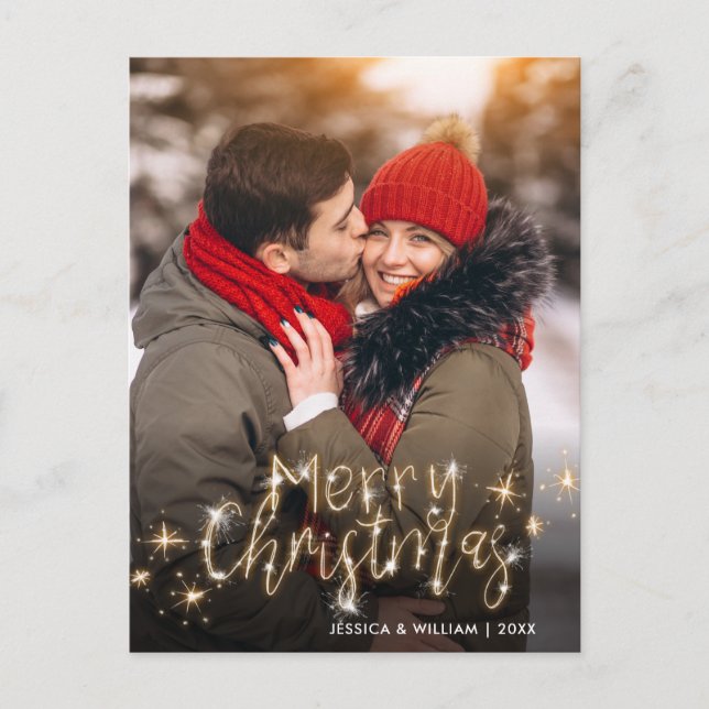 Carte Postale Joyeux Noël Gold Sparkle Script PHOTO Salutation (Devant)