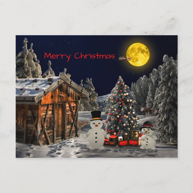 Carte Postale Joyeux Noël Hiver Night Scène (Devant)