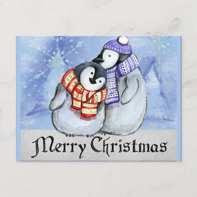 Carte Postale Joyeux Noël, illustration de manchot (Devant)