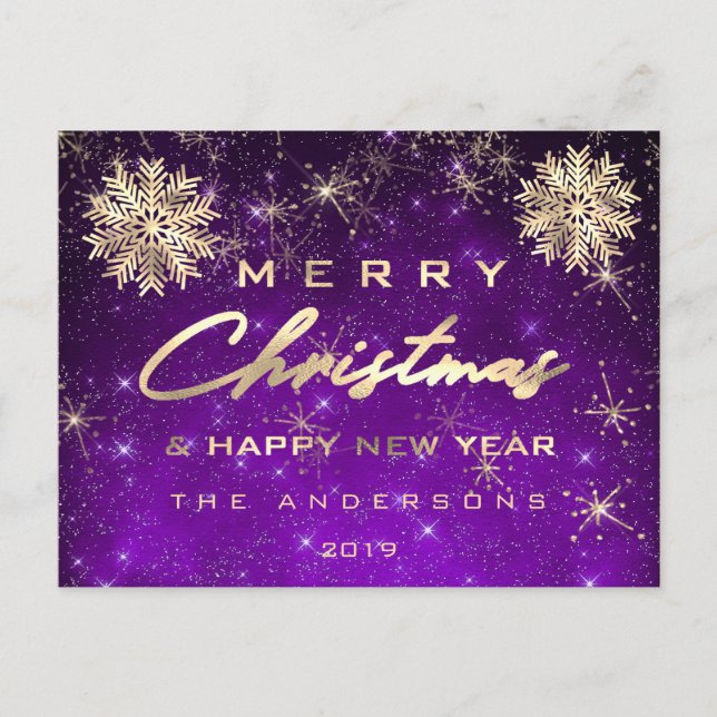 Carte Postale Joyeux Noël Joyeux Nouvel An Neige Or Ciel Purpl (Devant)