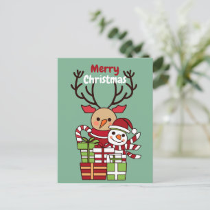 Carte Postale Joyeux Noël mignon dessin animé rennes bonhomme de