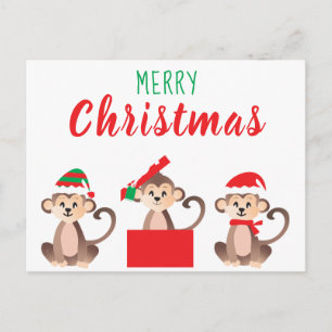 Carte Postale Joyeux Noël Mignons singes Casquettes de Noël