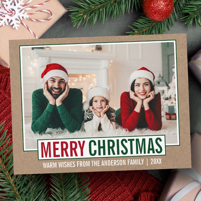 Carte Postale Joyeux Noël moderne Famille Photo Kraft (Customize to change your personalized text size or text style.)