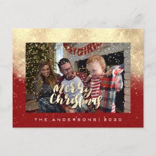 Carte Postale Joyeux Noël Neige Rouge or Parties scintillant pho