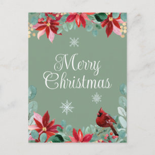 Carte Postale Joyeux Noël Oiseau d'hiver Cardinal Poinsettia
