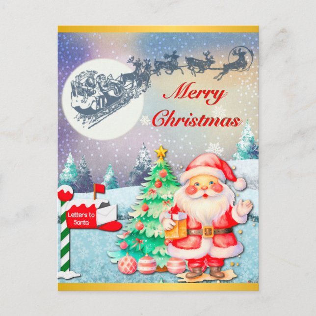 Carte Postale Joyeux Noël Père Noël, Sleigh, Reindeer, Snowflake (Devant)