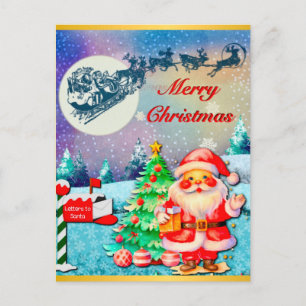 Carte Postale Joyeux Noël Père Noël, Sleigh, Reindeer, Snowflake