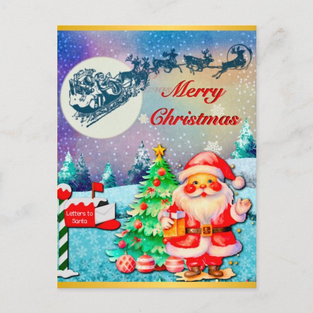 Carte Postale Joyeux Noël Père Noël, Sleigh, Reindeer, Snowflake (Devant)
