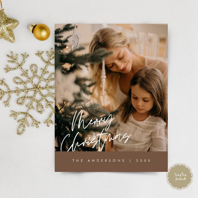 Carte Postale Joyeux Noël Photo de famille, bleu marine (Modern Season Greeting, Merry Christmas Family Photo Postcard in warm dark taupe)