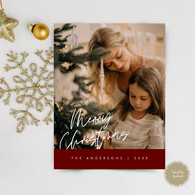 Carte Postale Joyeux Noël Photo de famille, bleu marine (Modern Season Greeting, Merry Christmas Family Photo Postcard in burgundy red)