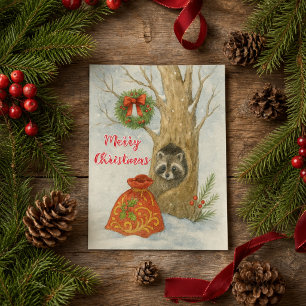 Carte Postale Joyeux Noël Raton laveur mignon Faune
