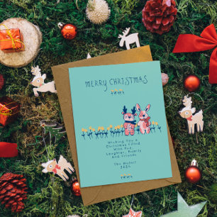 Carte Postale Joyeux Noël – Renne et lapin sur fond sarcelle