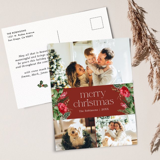Carte Postale Joyeux Noël rouge 3 Photo Fête Botanique (Créateur téléchargé)