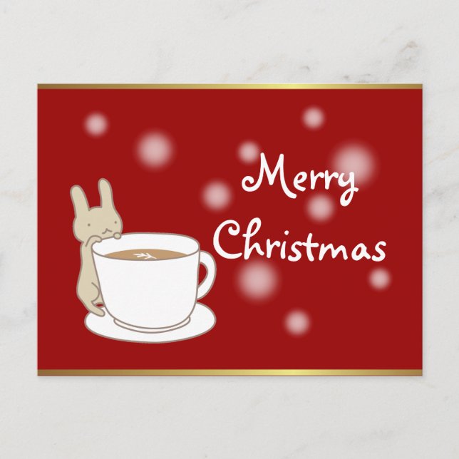 Carte postale Joyeux Noël Rouge lapin et café (Devant)