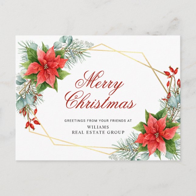 Carte Postale Joyeux Noël Rouge Poinsettia Salutation d'entrepri (Devant)